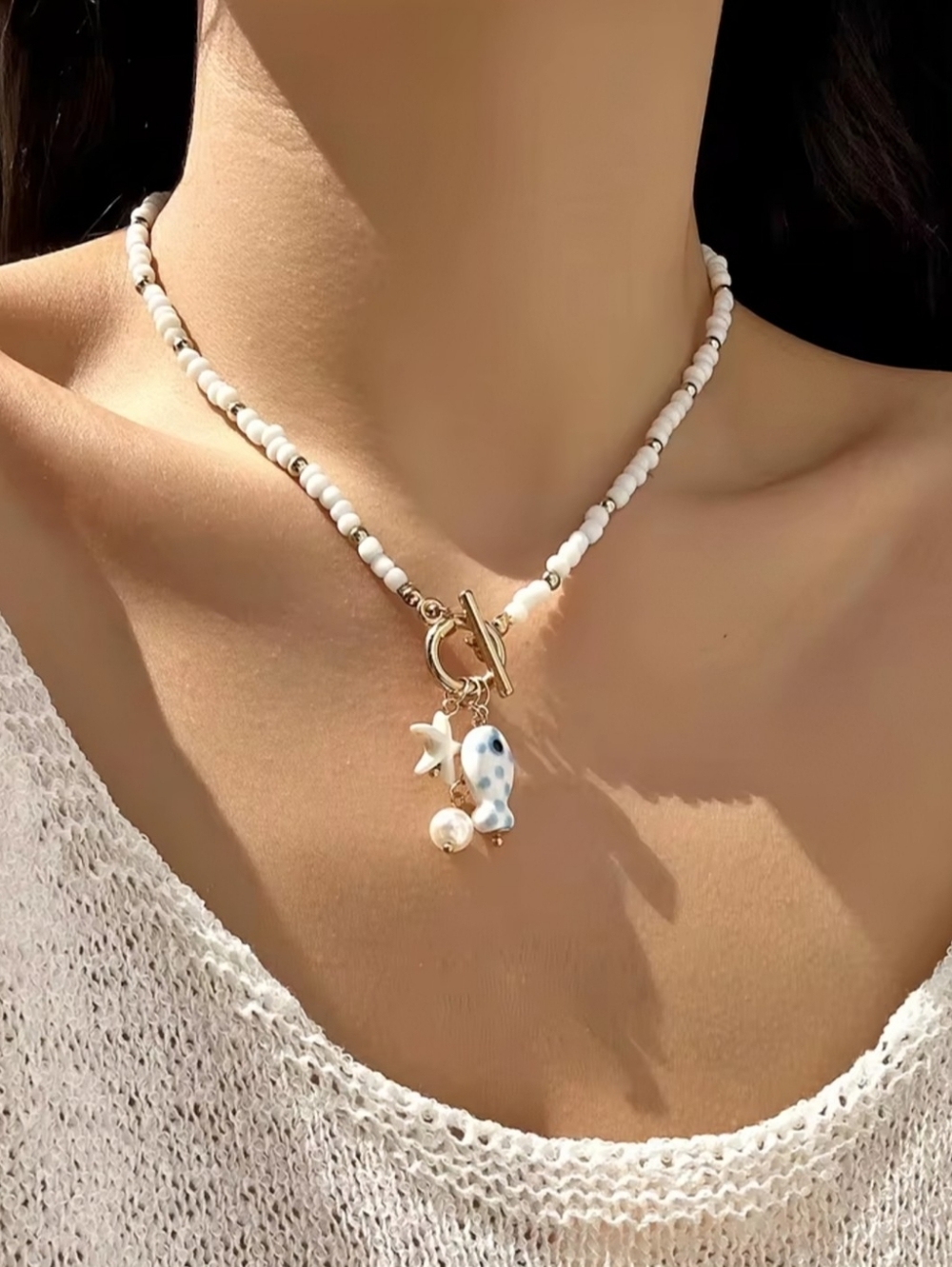 Ceramic starfish, fish and pearl charm necklace; 18.19" around neck; nwot - Picture 5 of 9